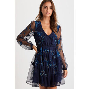 Lulus Delightful Instinct Navy Blue Mesh Beaded Sequin Mini Dress - Size M